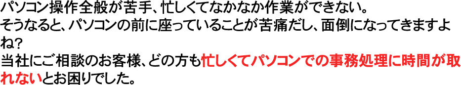 パソコン操作全般が苦手、忙しくてなかなか作業ができない。そうなると、パソコンの前に座っていることが苦痛だし、面倒になってきますよね？当社にご相談のお客様、どの方も忙しくてパソコンでの事務処理に時間が取れないとお困りでした。